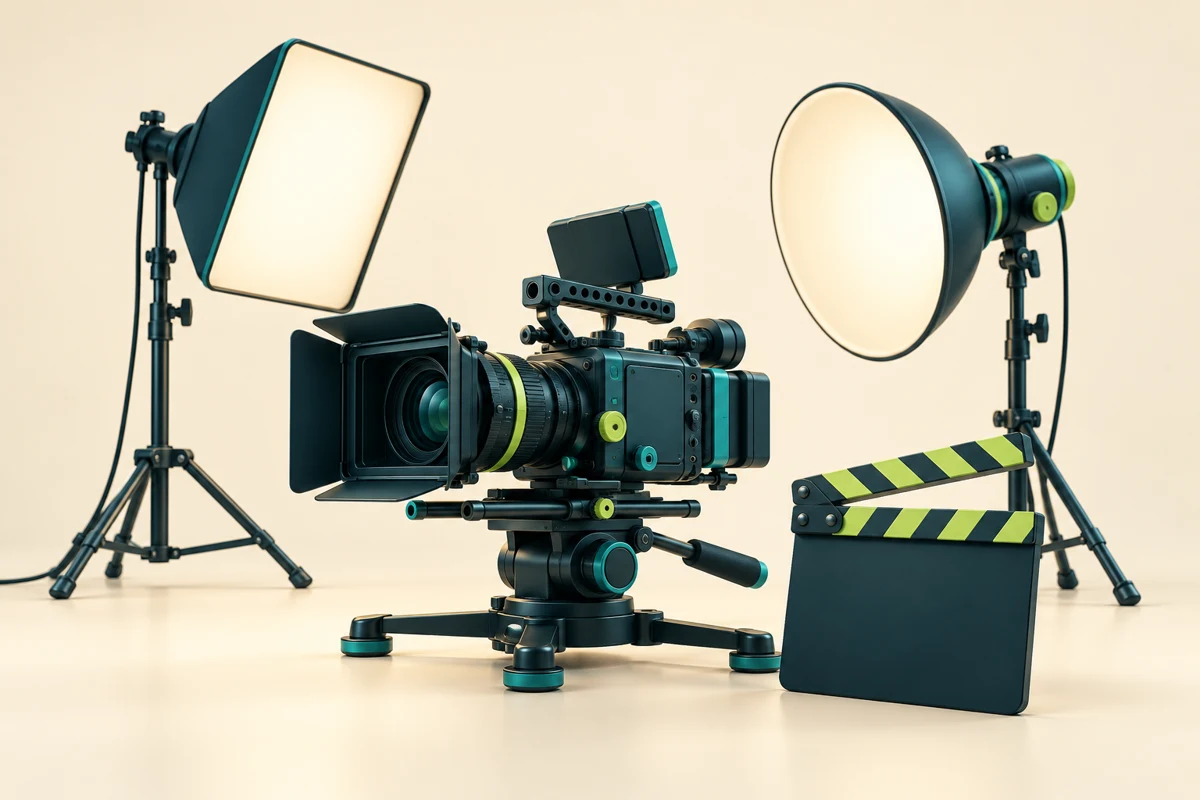 Professional cinema camera, studio lights and clapperboard