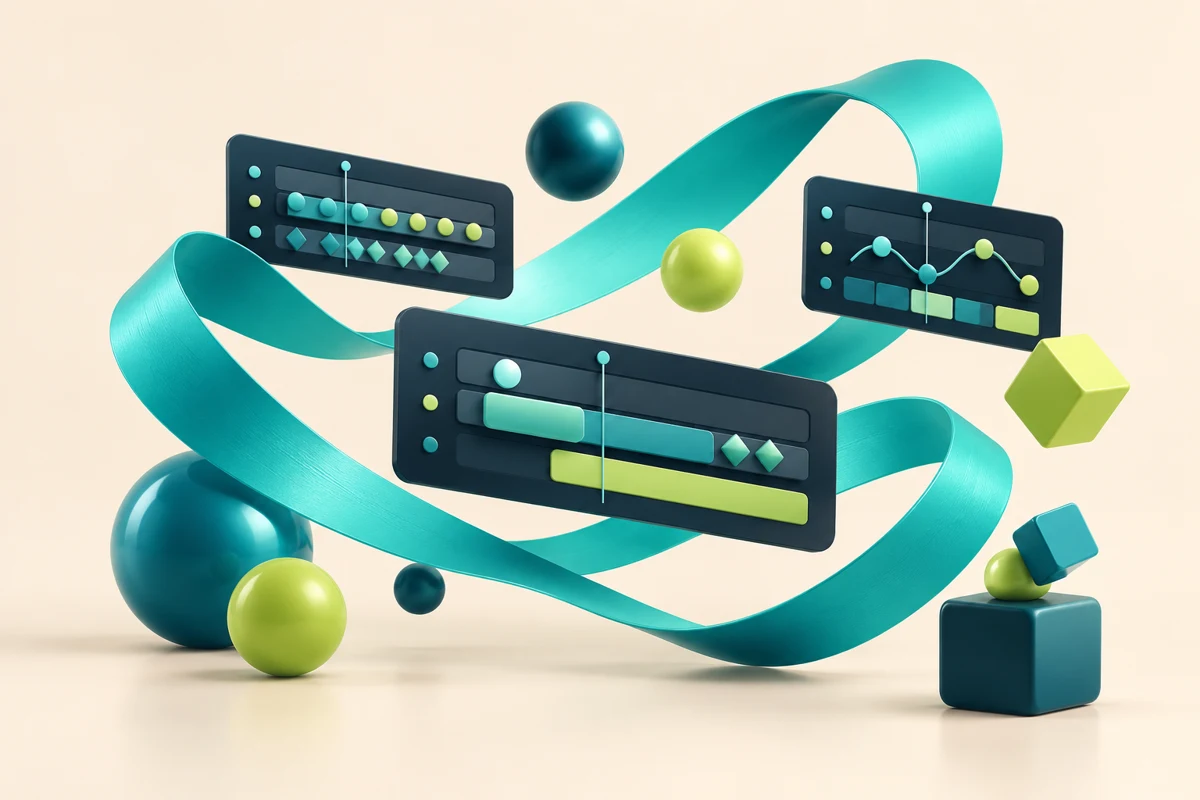 Sculptural ribbons and abstract animation timeline panels
