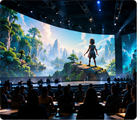 Cinematic imagined environment displayed on a large screen