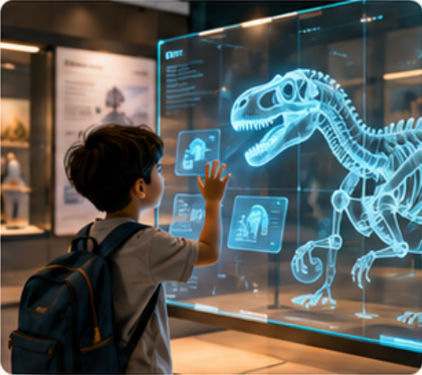 Visitor exploring a digital exhibit through a touch interface
