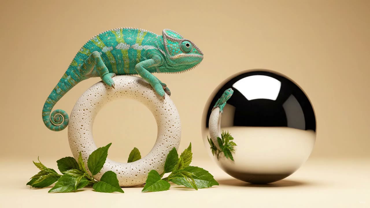 Three-dimensional chameleon scene with studio lighting and textured materials